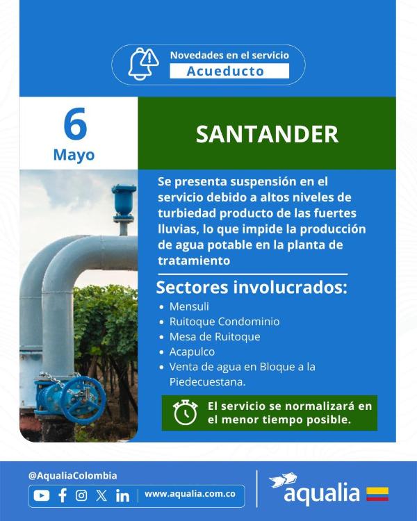 Se suspende el servicio debido a altos niveles de turbiedad en la PTAP, Santander